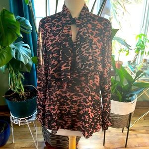 Cabi black and pink spotted sheer long sleeve with P-Bow neck tie Sz M